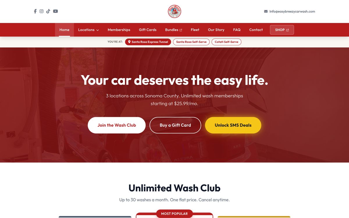 The Easy Breezy Car Wash website on a desktop screen