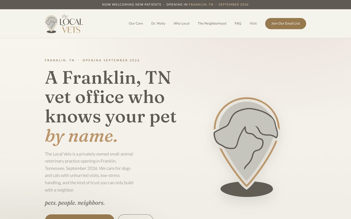 The Local Vets website, a veterinary practice in Franklin, Tennessee